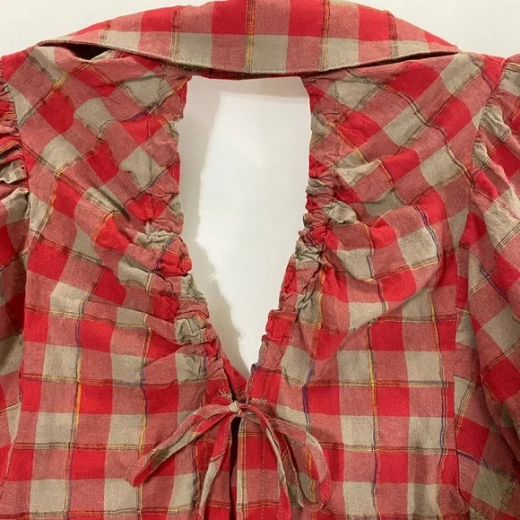 Fate Open Tie Back Top Red/Light Brown‎ Plaid Long Sleeve Size M - Picture 10 of 13